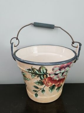 Floral Ceramic Bucket with Blue Trim and Handle